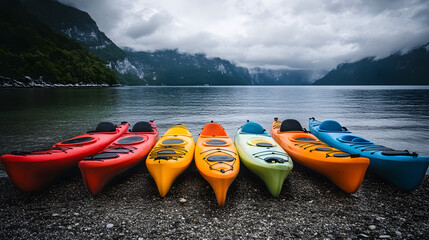 A row of colorful kayaks lined up on the shore ready for adventure.