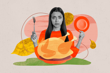 Composite photo collage of hungry girl hold fork plate roasted grilled turkey meat ready eat thanks...