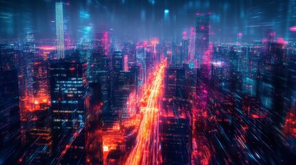 Fototapeta premium Abstract vibrant city skyline with dynamic lights and energy