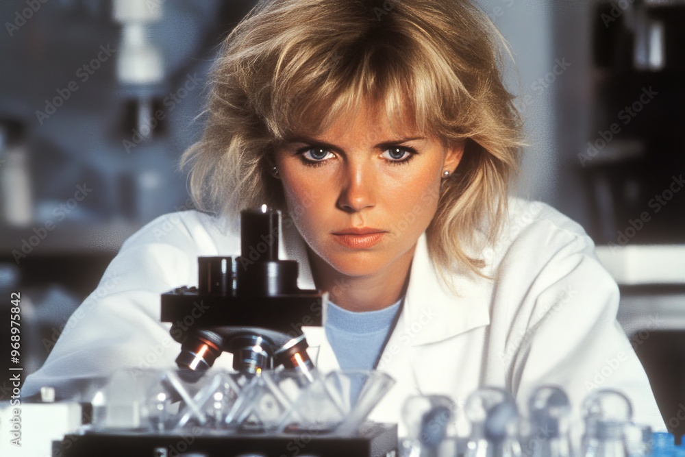 Poster image of a focused scientist using a microscope as a stock illustration