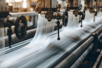 Close-up of an Industrial Machine Producing a Continuous Stream of White Threads