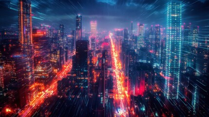 Naklejka premium Abstract vibrant city skyline with dynamic lights and energy