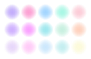 Vector colorful watercolor circles big set. Blur abstract backgrounds, pattern, texture. Holographic colors. Smear watercolour splash stain. Blurred color spheres. Glassmorphism circle set vector. Y2k