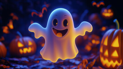 Naklejka premium cute ghost character, surprised expression, surrounded by Halloween bats, pumpkins, moonlight, whimsical, friendly, playful, charming, adorable, soft glow, night scene, festive, Halloween theme, light