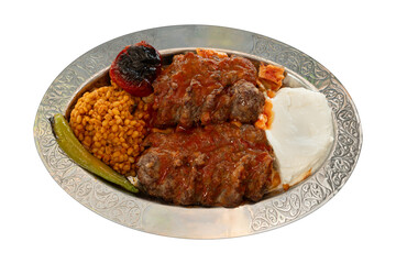 Top view traditional turkish meat and food service, Turkish kebab, isolated on white background