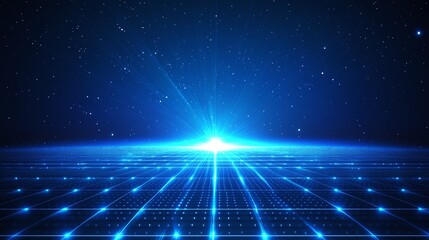 A breathtaking digital landscape featuring glowing grids and a luminous point of light in a starry blue universe.
