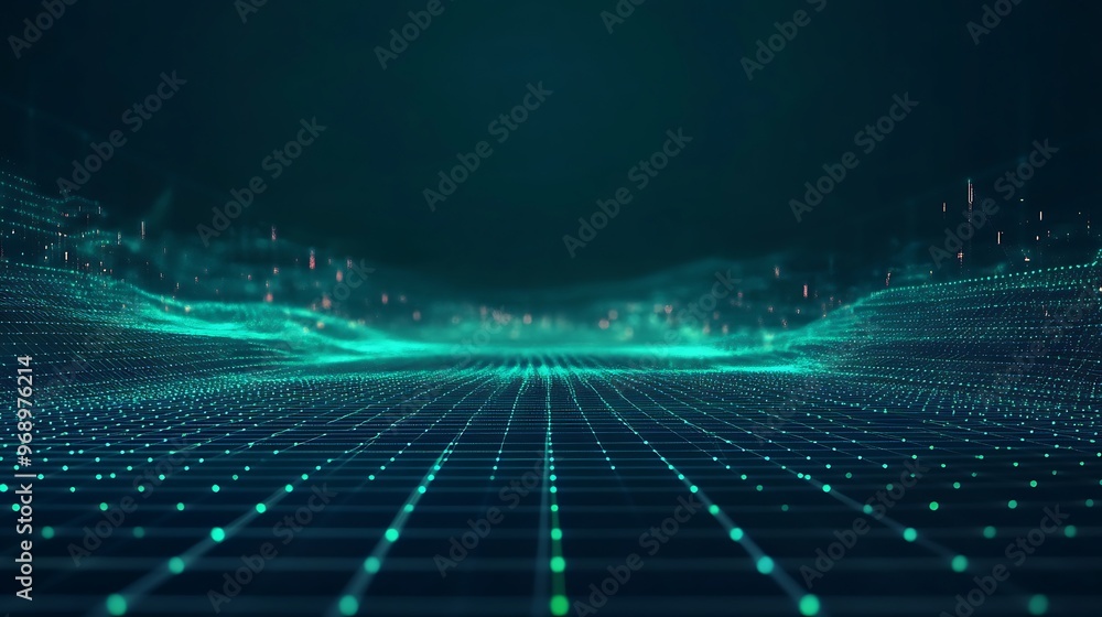 Poster a captivating abstract digital landscape featuring glowing waves and a grid pattern, perfect for tec
