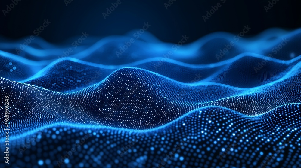 Poster a captivating abstract representation of waves formed by glowing blue particles, creating a sense of