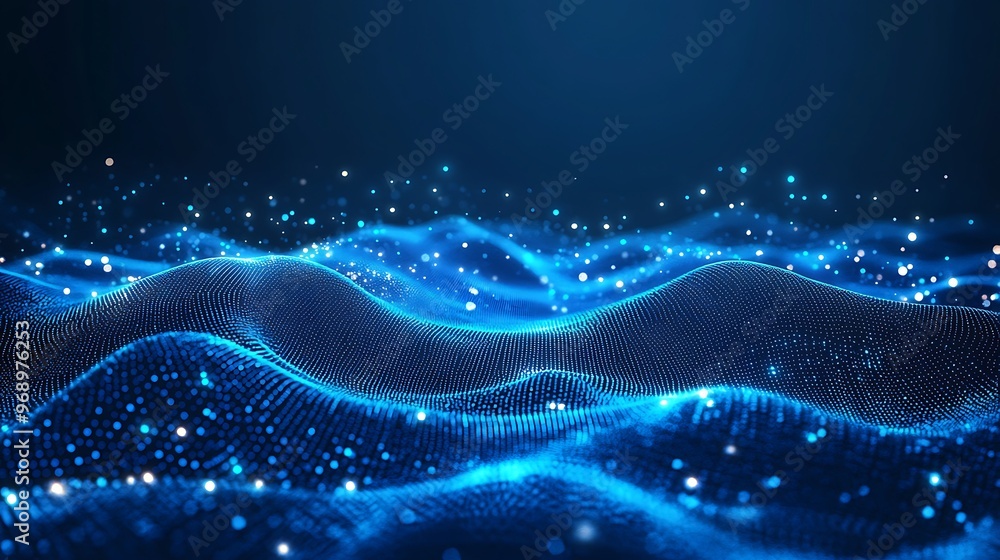 Poster a captivating abstract wave of shimmering blue light, creating a mesmerizing digital landscape, perf