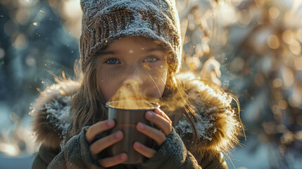 Fototapeta premium Portrait of a happy caucasian girl in winter clothes on a winter day. She is holding a cup of steaming hot tea.