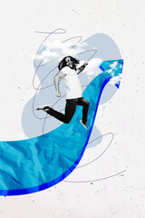 Collage artwork image of happy cheerful funny guy run aim ambition success isolated on creative background