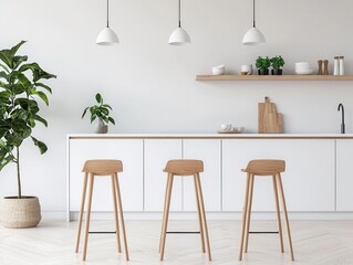 A minimalist kitchen with wallpaper featuring soft, muted geometric shapes, white cabinets, and simple wooden stools, Photorealistic, Warm lighting