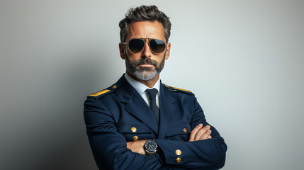 Fototapeta premium A confident male pilot in a uniform with aviator sunglasses, standing with arms crossed, isolated on a white background