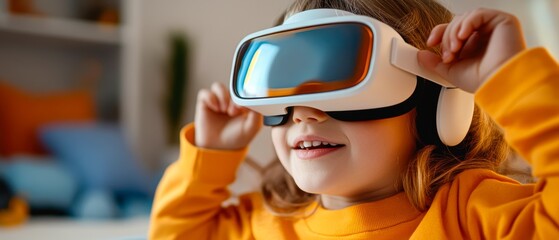 A smiling child wearing a VR headset, immersed in a virtual experience perfect for use in tech blogs, educational content, and advertising VR products,