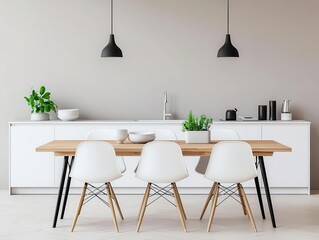 A sleek, minimalist kitchen with soft beige wallpaper featuring abstract line drawings, white cabinetry, and a simple wooden dining table, 3D rendering, Natural tones
