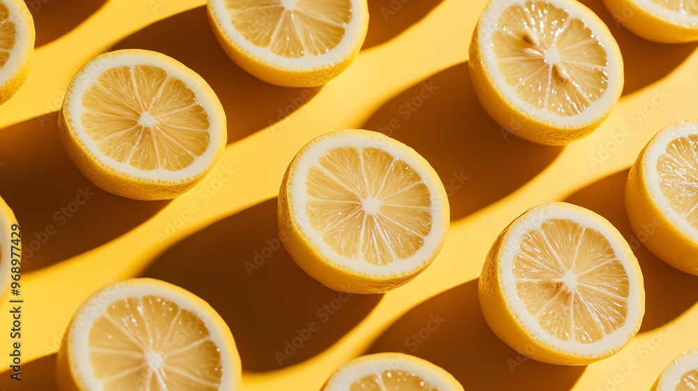 Poster lemon slices arranged in a pattern on a yellow background.