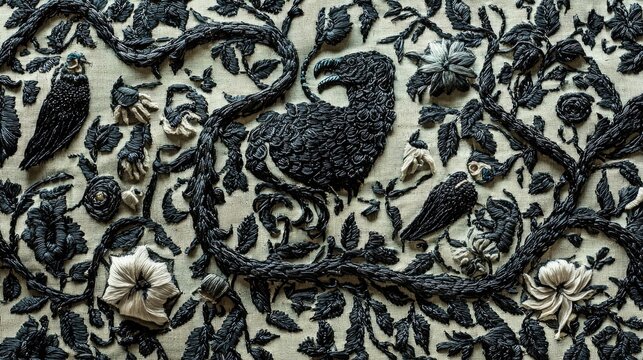 Intricate Elizabethan blackwork embroidery