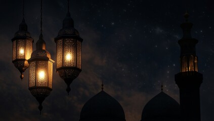 Obraz premium Luminous lanterns dangling from a tree with blurred lights behind them