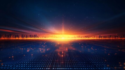 Obraz premium A captivating digital landscape featuring radiant lights and a vibrant horizon, perfect for futuristic themes and technology visuals.