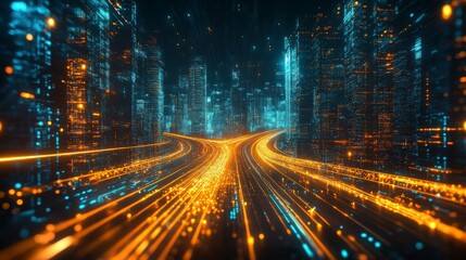 Abstract vibrant city skyline with dynamic lights and energy