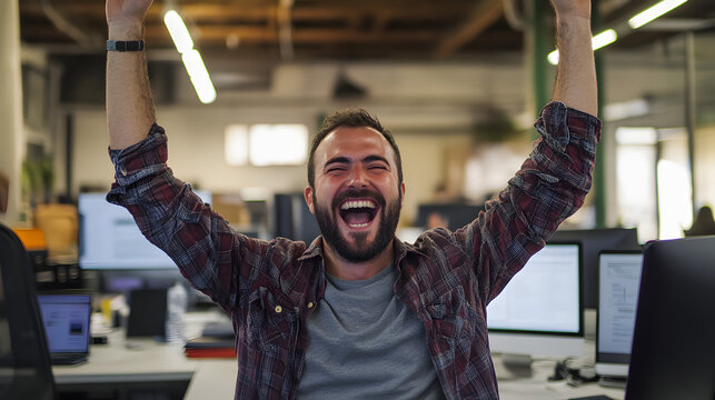 A software developer celebrating after successfully launching a new app.