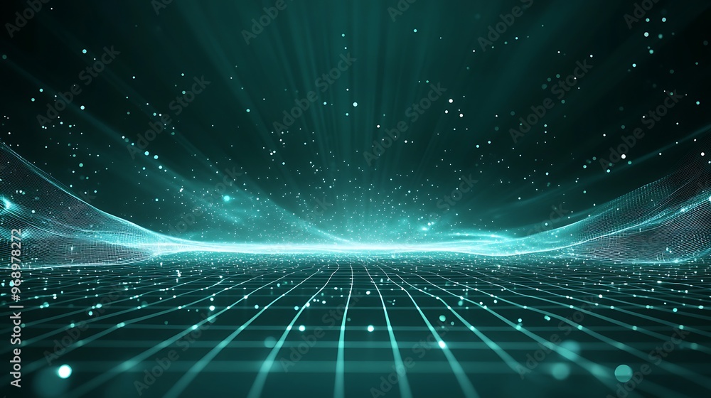 Poster a captivating digital landscape with glowing lines and particles, evoking a sense of depth and techn