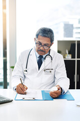 Mature man, doctor and writing prescription with medication at office for patient for healthcare....
