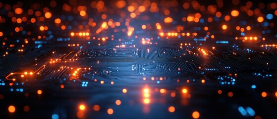 Obraz premium Circuit Board with Glowing Orange and Blue Lights