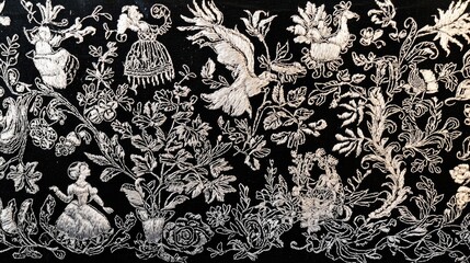 Intricate Elizabethan blackwork embroidery