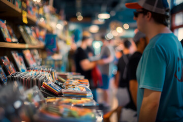 Obraz premium A vibrant comic book store filled with colorful comic book covers on display. Customers browse through the collection, creating a lively atmosphere.