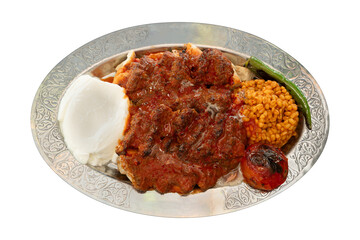 Top view traditional turkish meat and food service, Turkish kebab, isolated on white background