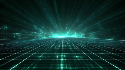A captivating futuristic landscape featuring vibrant light rays and a grid pattern, evoking a sense of technology and depth.