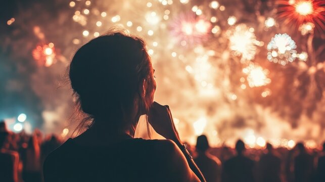 Crowd Celebrating New Year with Fireworks in the Sky, Man Holding Chin in Thoughtful Pose Amid Festive Atmosphere
