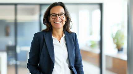 Woman director in office, businesswoman portrait of woman looking at camera with arms crossed. Company CEO chief woman portrait, businesswoman director with confident positive smile in office