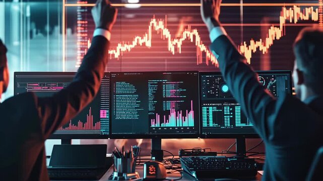 traders at the computer rejoice in success, digital charts of trading on the stock exchange on the screens