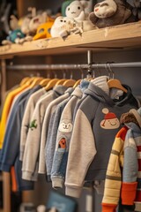 Obraz premium Blurred background of a kid's clothing store, showcasing shelves and displays of children's apparel in a retail setting.