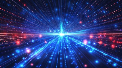 Obraz premium A dynamic visual of blue and red light beams radiating from a central point, creating an energetic and futuristic atmosphere.