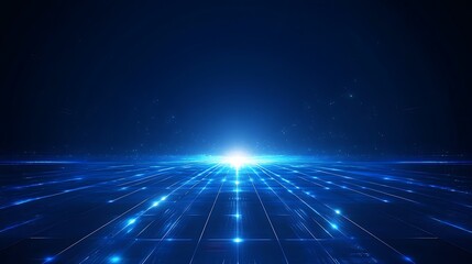 A futuristic blue abstract background featuring glowing lines converging towards a bright light, ideal for technology themes.