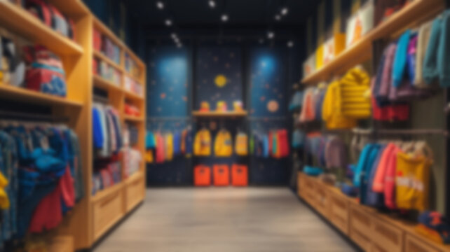 Blurred background of a kid's clothing store, showcasing shelves and displays of children's apparel in a retail setting.