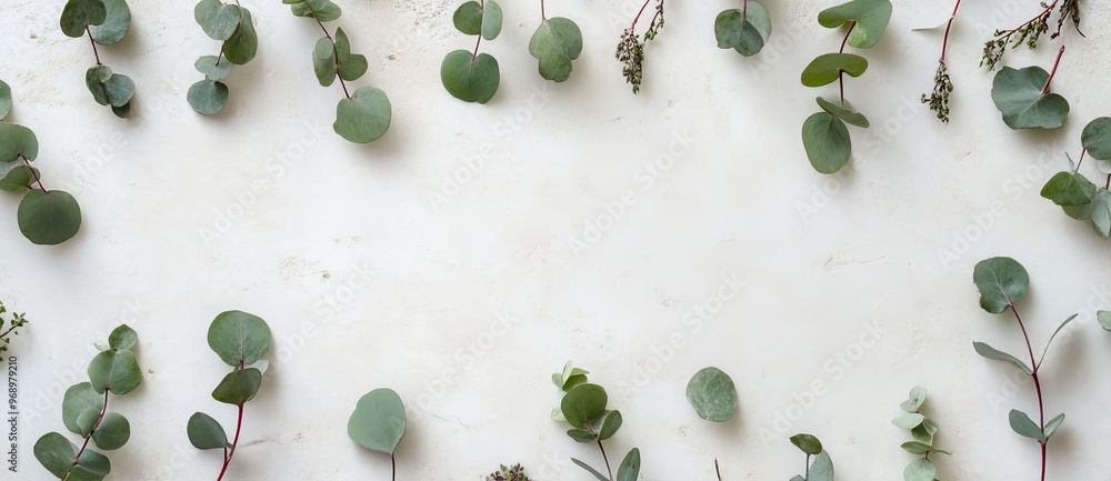 Poster a light gray background is dominated by eucalyptus branches on a blank marble paper. an overhead vie