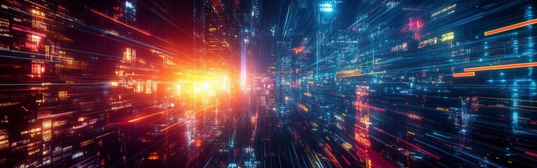 Abstract vibrant city skyline with dynamic lights and energy