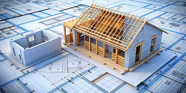 "Blueprints of a partially constructed building showing foundation, walls, and roof framing, with electrical and plumbing schematics on a separate sheet."