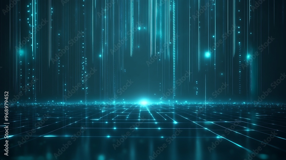 Poster a futuristic digital landscape featuring blue glowing lines and particles, creating a mesmerizing vi