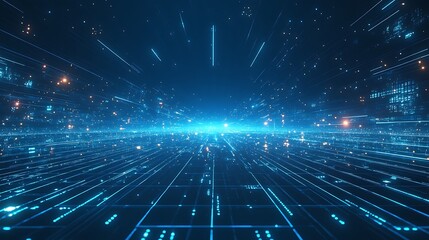 A futuristic digital landscape depicting glowing lines speeding through a cybernetic space, symbolizing technology and innovation.