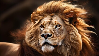 Naklejka premium Golden lion with mane flowing in the wind