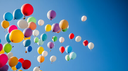 A vibrant array of colorful balloons floating against a clear blue sky.