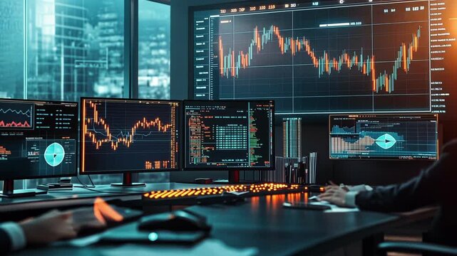 traders office, digital stock exchange charts on screens, electronic trading on the stock exchange
