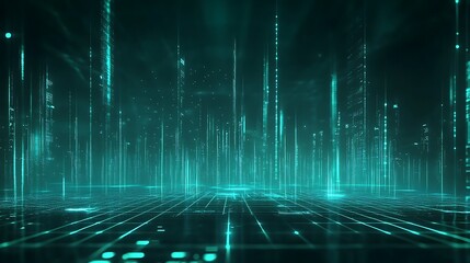 A futuristic digital landscape featuring glowing lines and holographic patterns in a mesmerizing teal environment.