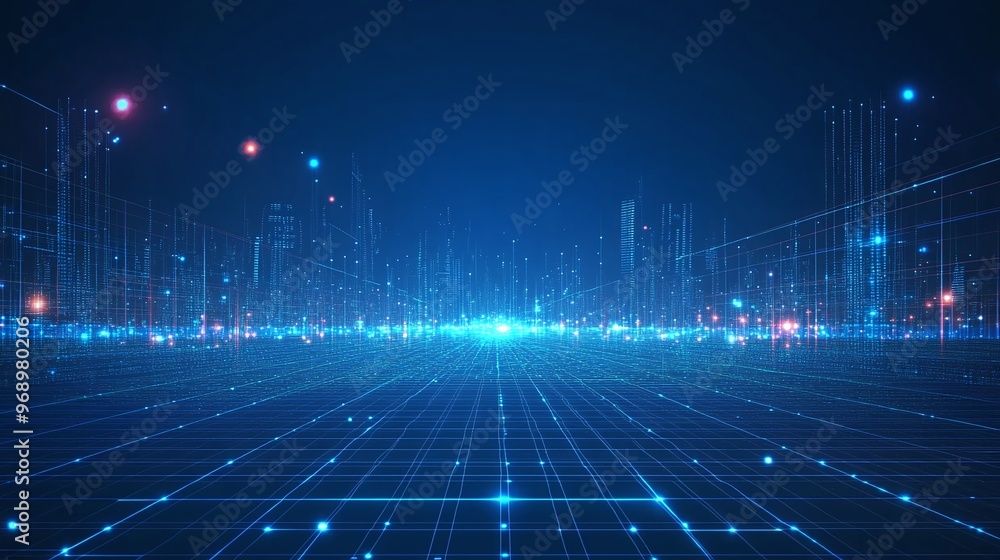 Poster a futuristic digital landscape featuring glowing lines and points representing data connectivity in 