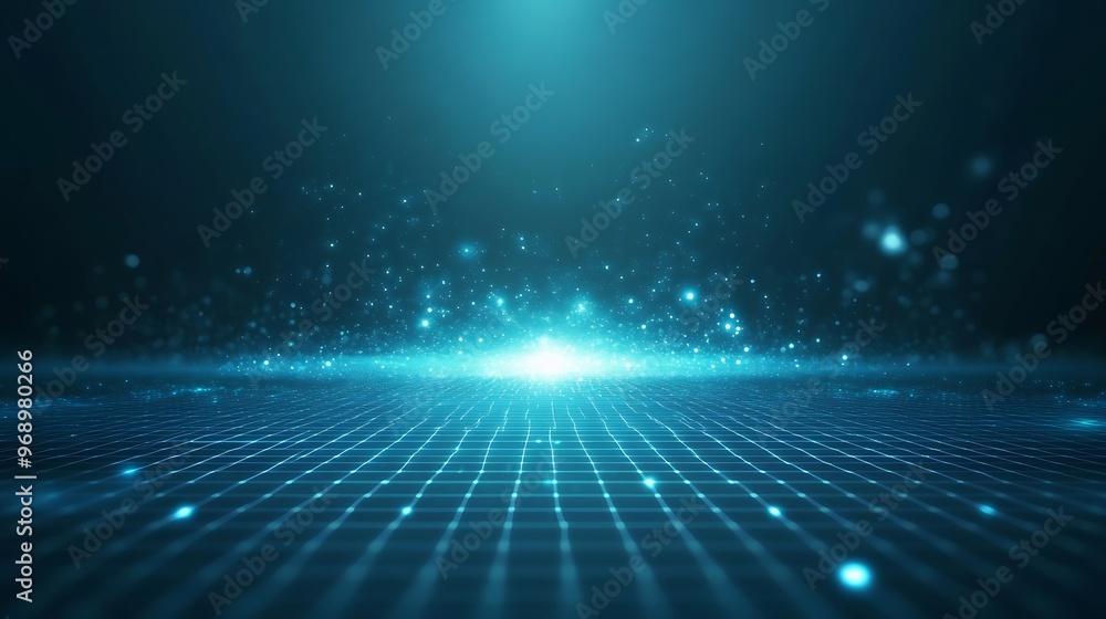 Poster a futuristic digital landscape featuring glowing particles and a grid pattern, perfect for tech and 